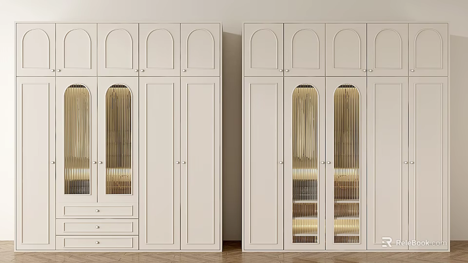 Elegant Modern Wardrobe Design With Arched Doors Glass Panels Drawers And Storage 3d model 
