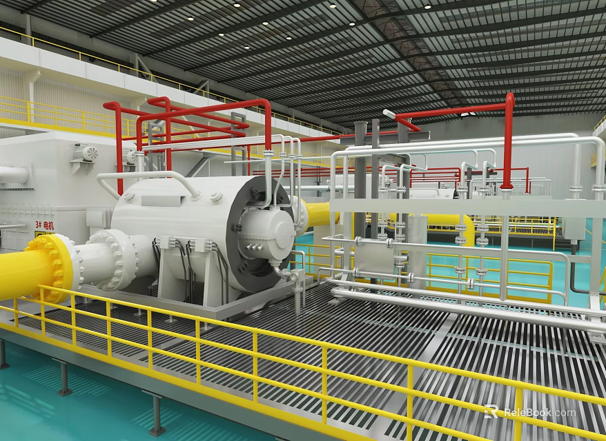 Industrial Manufacturing Plant Interior Featuring Large Machinery Yellow Railings And Red Frames 3d model 