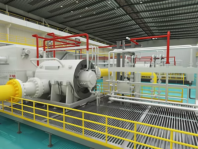 Industrial Manufacturing Plant Interior Featuring Large Machinery Yellow Railings And Red Frames 3d model