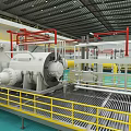 Industrial Manufacturing Plant Interior Featuring Large Machinery Yellow Railings And Red Frames