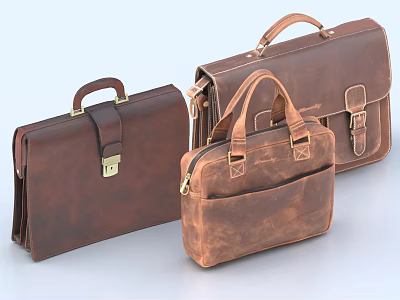 Brown Leather Bags With Three Different Styles And Metal Buckles Handles 3d model