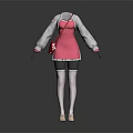 Pink Dress With White Long Sleeves Black Shorts White Socks Beige Shoes And Red Bag