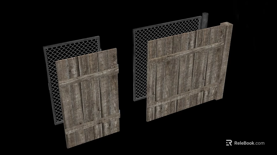 Rustic Garden Decor Elements with Wooden Panels and Metal Mesh Fence 3d model 