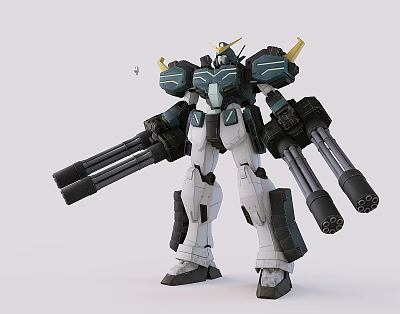 White Black Green Mecha Robot Model With Large Cannons And Yellow Accents 3d model