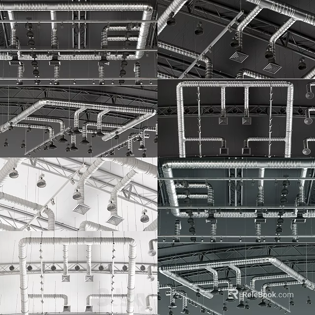 Modern Industrial Ceiling Design With Structural Pipes Framework And Pendant Lights 3d model 