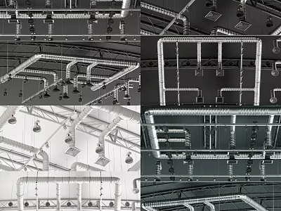 Modern Industrial Ceiling Design With Structural Pipes Framework And Pendant Lights 3d model