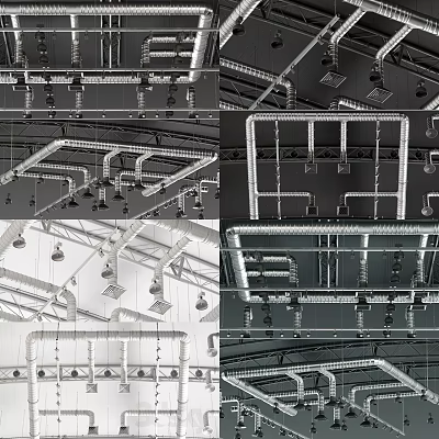 Modern Industrial Ceiling Design With Structural Pipes Framework And Pendant Lights 3d model