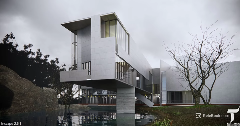 Modern Detached Villa With Cantilevered Structure Large Glass Windows And Water Feature Surrounding Trees 3d model 
