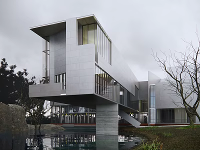 Modern Detached Villa With Cantilevered Structure Large Glass Windows And Water Feature Surrounding Trees 3d model
