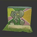 Colorful Graffiti Elephant On Wooden Board With Yellow Green Pink Orange Background And Grass Base