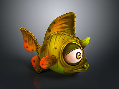 Cartoon Aquatic Animal Fish with Green Orange Scaled Body and Large Round Eyes 3d model