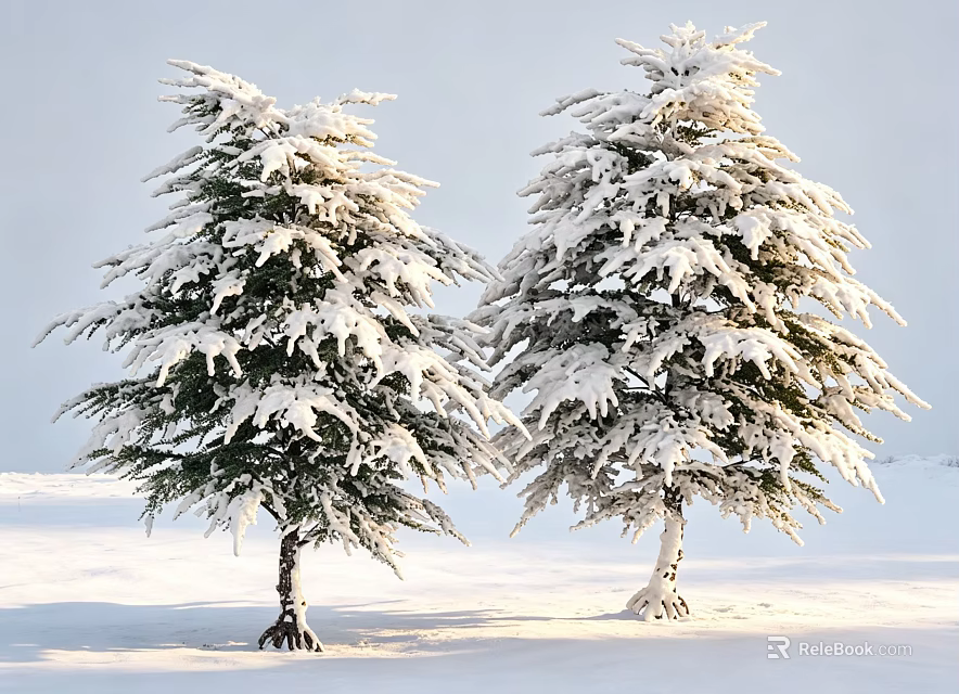 Snow Covered Evergreen Trees Standing On Snowy Ground Under Clear Blue Sky 3d model 