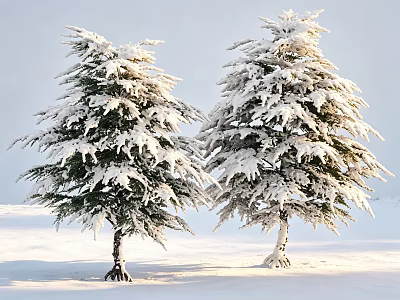 Snow Covered Evergreen Trees Standing On Snowy Ground Under Clear Blue Sky 3d model