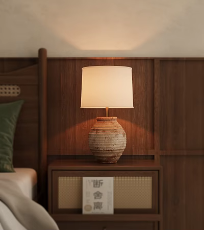 Warm Light Table Lamp With Terracotta Jar Base And White Lampshade On Bedroom Nightstand 3d model