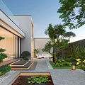Modern Courtyard Garden With Lush Green Plants Water Pond Pathway Lights And Seating Area