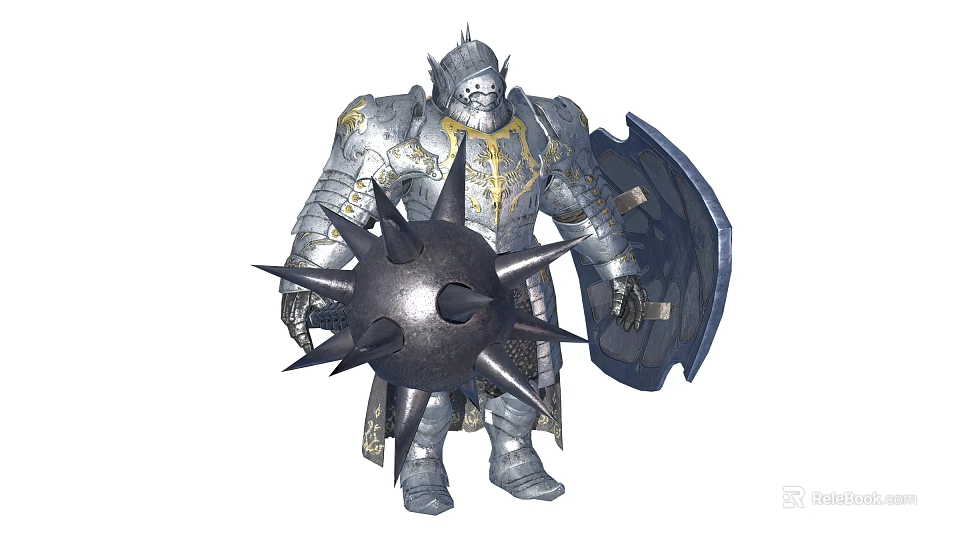 Armored Knight In Metallic Armor Wielding Spiked Mace And Shield With Golden Details 3d model 