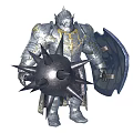 Armored Knight In Metallic Armor Wielding Spiked Mace And Shield With Golden Details