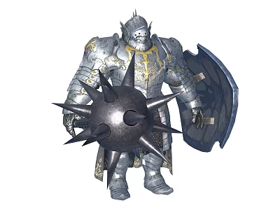 Armored Knight In Metallic Armor Wielding Spiked Mace And Shield With Golden Details 3d model