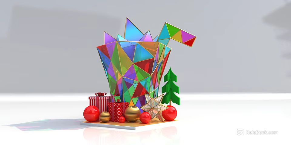 Colorful Geometric Christmas Decoration with Green Tree Gift Boxes and Red Gold Ornaments 3d model 