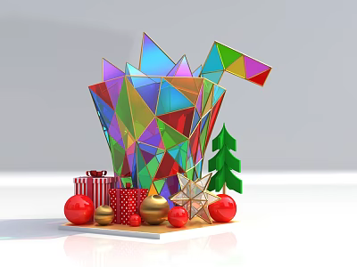 Colorful Geometric Christmas Decoration with Green Tree Gift Boxes and Red Gold Ornaments 3d model