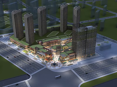 Modern Commercial Street With High Rise Buildings Central Plaza Fountains Green Rooftops Pedestrians And Vehicles 3d model