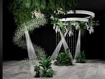 Banquet Hall With Green Plants White Flowers White Circular Decor Silver Stands And Black Backdrop 3d model