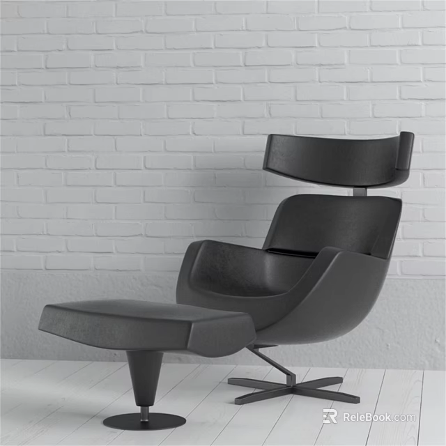 Modern Black Chaise Lounge with Ottoman Against White Brick Wall on Light Wooden Floor 3d model 