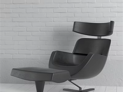 Modern Black Chaise Lounge with Ottoman Against White Brick Wall on Light Wooden Floor 3d model
