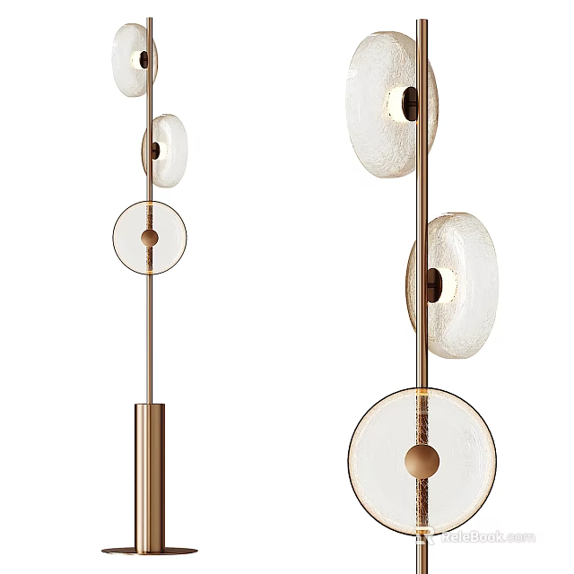 Modern Floor Lamp With Gold Metal Pole And White Circular Glass Shades 3d model 