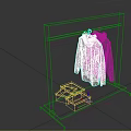 Modern Clothing Rack With Striped Sweaters And Wooden Shelf Holding Boxes