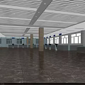 Spacious Modern Service Hall Interior With Counters Seats Windows And Lighting 3d model
