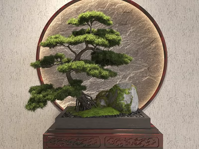 Bonsai Plant With Pine Tree Moss And Stone On Carved Base Circular Background 3d model