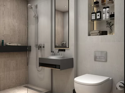 Modern Minimalist Bathroom Interior With Wall Mounted Fixtures Shower Zone And Built In Storage Niche 3d model