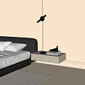 Modern Floating Nightstand In Minimalist Bedroom With Gray Headboard Black Table Lamp Stack Of Books And Decorative Bird