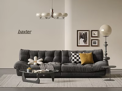 Modern Sofa and Coffee Table Set with Colorful Cushions Wall Art Chandelier and Floor Lamp 3d model