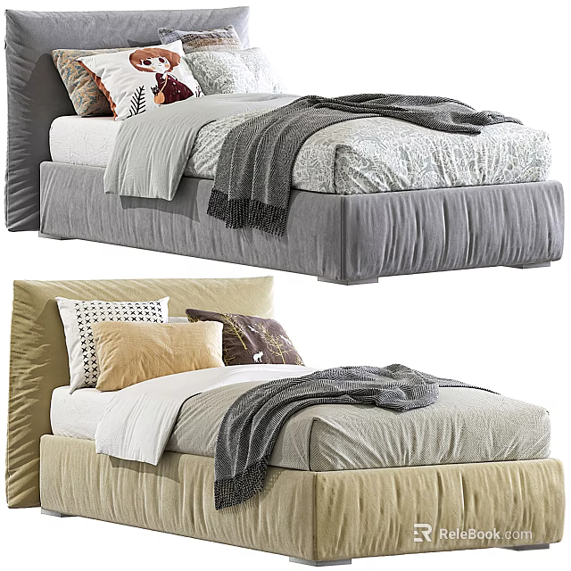 Single Bed Designs With Gray And Beige Frames Decorative Pillows And Soft Blankets 3d model