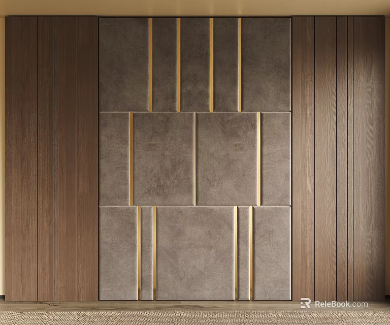 Modern Feature Wall Design With Gray Panels Gold Strips And Wooden Sides 3d model 