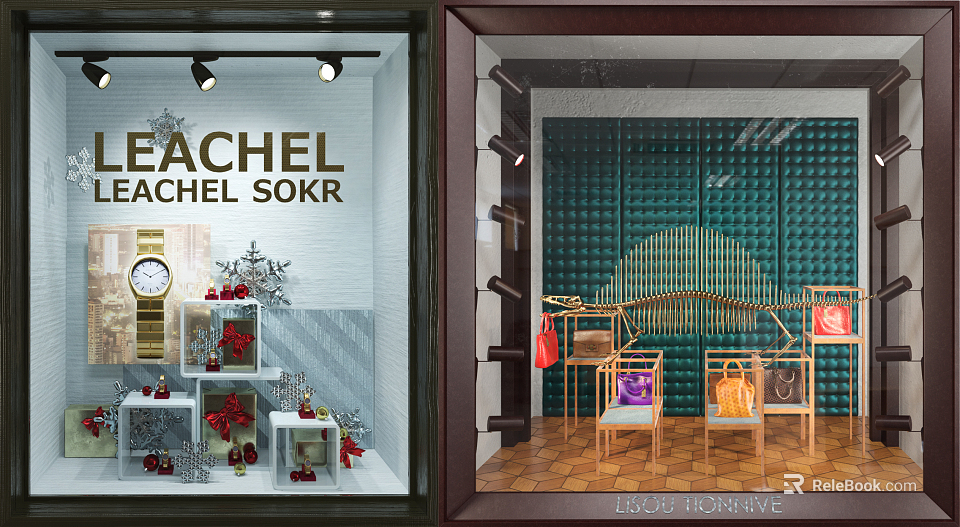 Rachel Sokr Elle Decor Shop Window With Red Flowers Clock Bags Wooden Shelves Green Background 3d model 