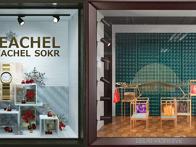 Rachel Sokr Elle Decor Shop Window With Red Flowers Clock Bags Wooden Shelves Green Background 3d model