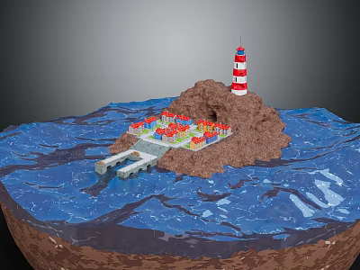 Red And White Lighthouse On Rocky Island With Colorful Buildings And Bridge Over Blue Water 3d model