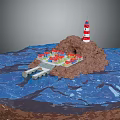 Red And White Lighthouse On Rocky Island With Colorful Buildings And Bridge Over Blue Water