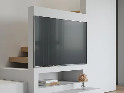 Wall Mounted TV In Modern Living Room With White Cabinet Staircase Books And Flower Vase 3d model