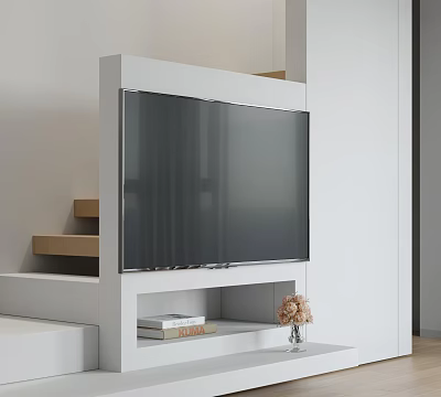 Wall Mounted TV In Modern Living Room With White Cabinet Staircase Books And Flower Vase 3d model