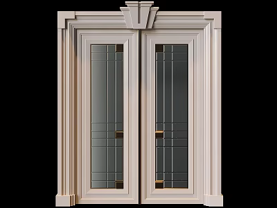 Elegant White Double Doors Featuring Glass Panes Decorative Frame And Brass Handles 3d model