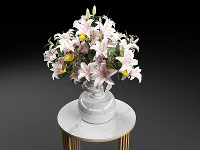 Fresh Pink Lilies in White Vase on Marble Round Table with Golden Legs 3d model