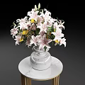 Fresh Pink Lilies in White Vase on Marble Round Table with Golden Legs