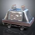 Metallic Exterior Vehicle With Top Mounted Structures Central Grid Panel And Wheels
