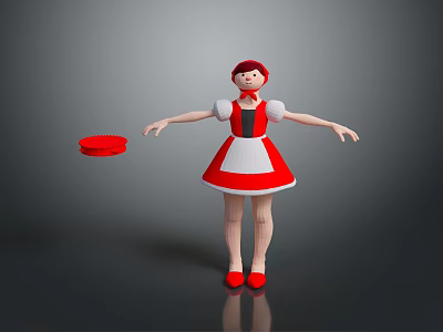 Red Hooded Character in Red Dress Stretching Arms with Red Disc on Gray Background 3d model