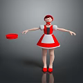 Red Hooded Character in Red Dress Stretching Arms with Red Disc on Gray Background
