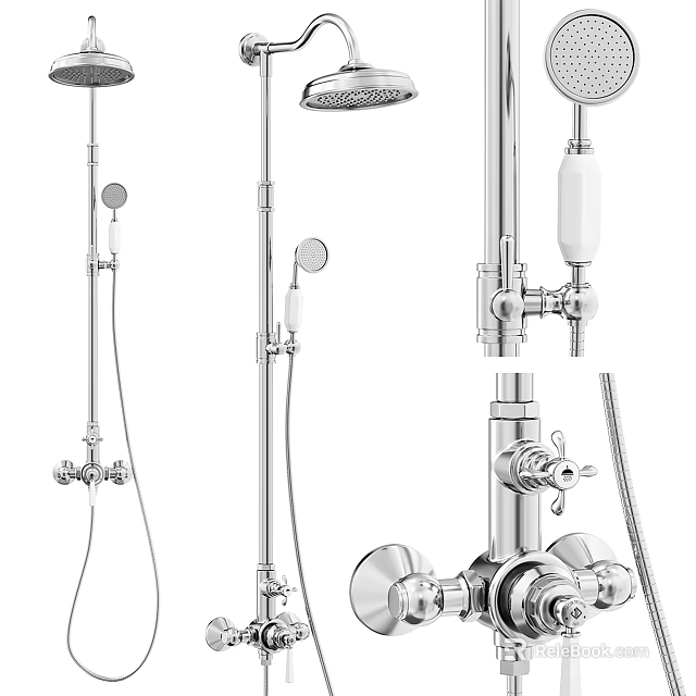 Chrome Plated Shower Faucet Set With Overhead Handheld Sprayer And Control Knobs 3d model 